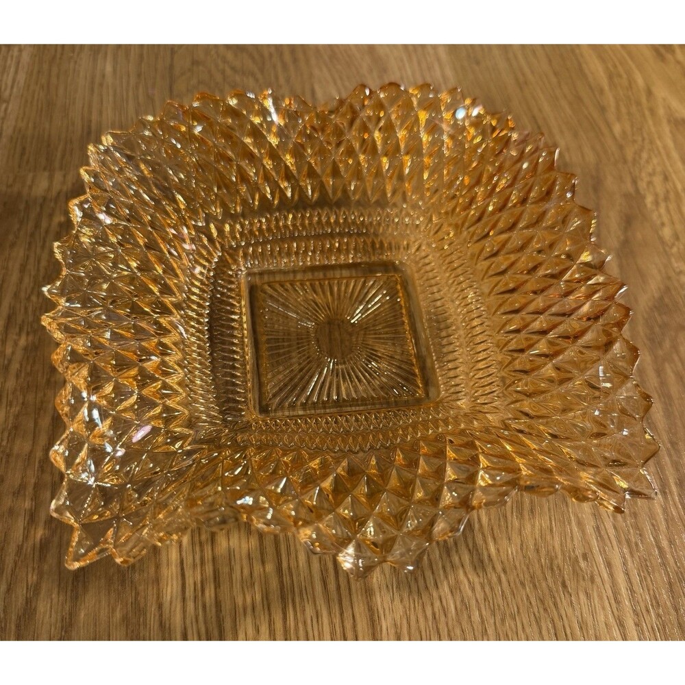 Vintage Indiana Glass Marigold ? Diamond Point Ruffled Square Nut Candy Dish